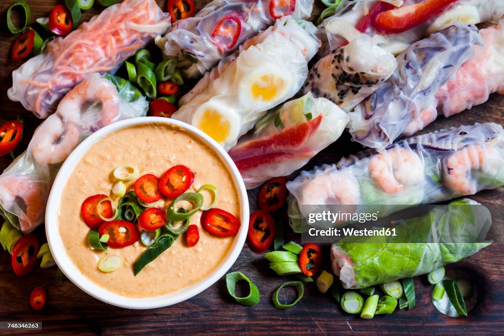 Vietnamese summer rolls with prawns and spicy peanut dip