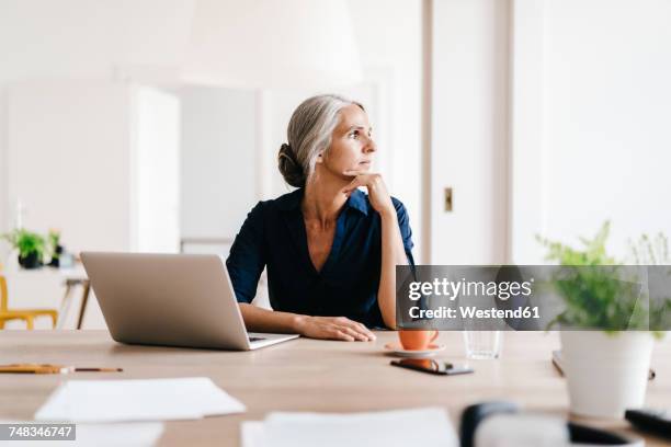 businesswoman working on laptop in office - business woman sitting stock-fotos und bilder