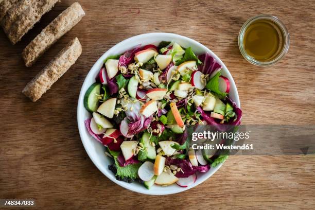 mixed salad and bread - homemade apple sauce stock pictures, royalty-free photos & images