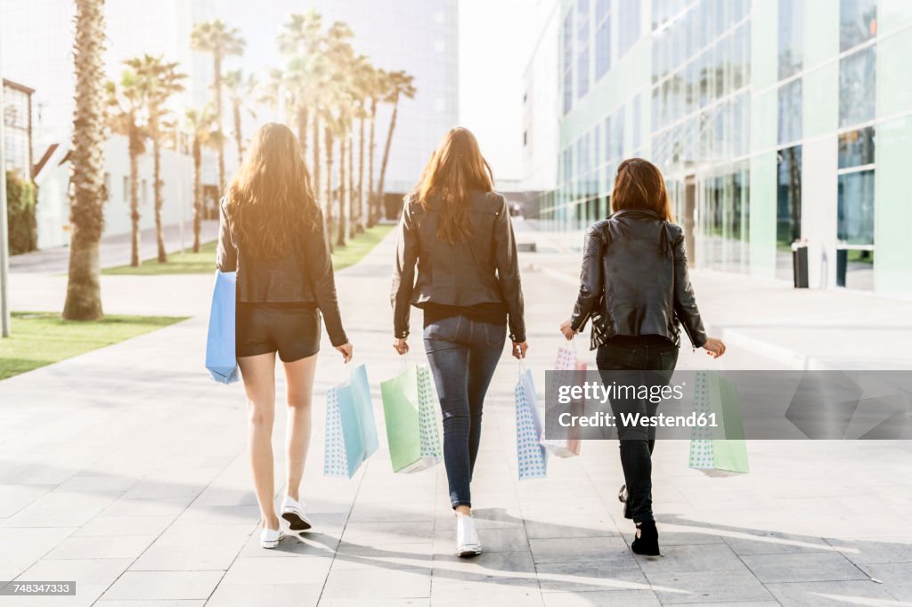 Back view of three friends with shopping bags