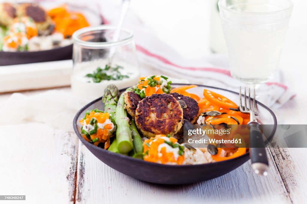 Vegetarian lunch bowl of rice, various vegetables and Labnee balls