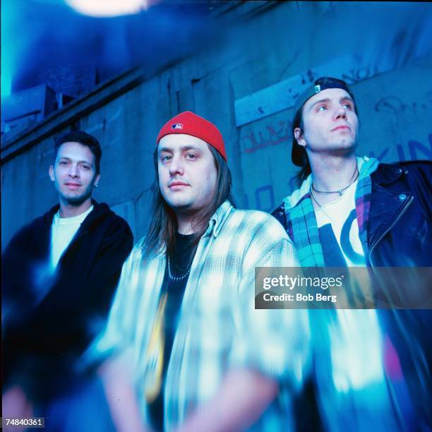 American alternative rock band the Goo Goo Dolls drummer Mike Malinin, bassist/vocalist Robby Takac and guitarist/lead vocalist John Rzeznik pose...