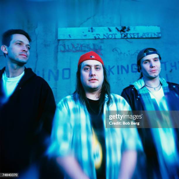 American alternative rock band the Goo Goo Dolls drummer Mike Malinin, bassist/vocalist Robby Takac and guitarist/lead vocalist John Rzeznik pose...