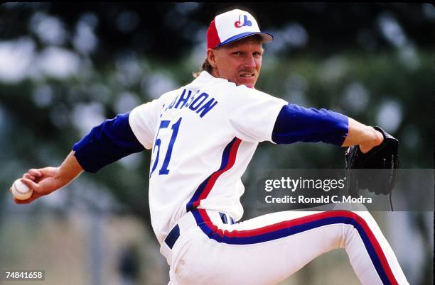 Randy Johnson of the Montreal Expos pitching during a spring training game in March, 1989 in West Palm Beach, Florida.