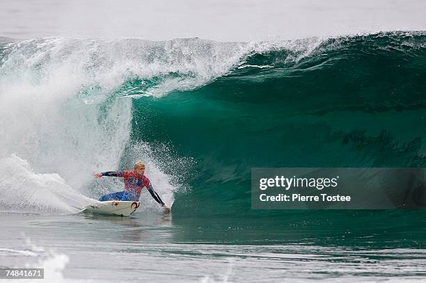 Current ASP world number one Mick Fanning of Coolangatta, Australia competes on his way to securing a last-minute heat victory over fellow Gold Coast...