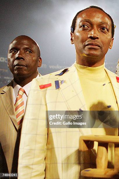 Team Manager Alex Shakone of the Sundowns and mining entrepreneur Patrice Motsepe after the PSL soccer match between the Sundowns and FC Barcelona at...