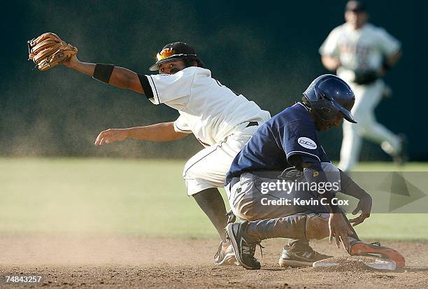 Second baseman Joey Wong of the Oregon State Beavers looks to the umpire after a force out on centerfielder Ollie Linton of the UC Irvine Anteaters...