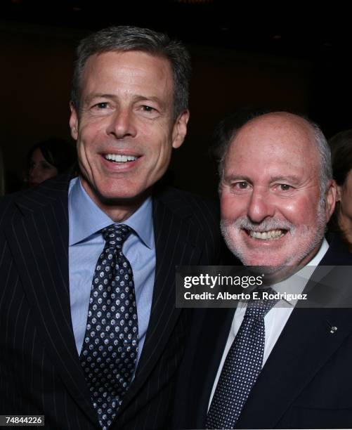 Time Warner President and COO Jeff Bewkes and Honoree Michael Lynne attend the Simon Wiesenthal Center Tribute Dinner on June 20, 2007 in Los...