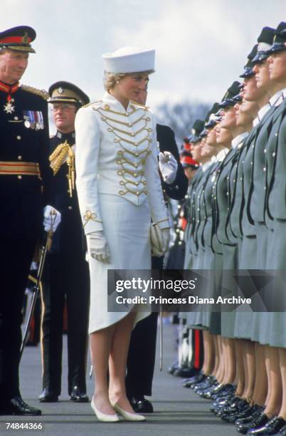 Princess Diana attending a passing out parade at Sandhurst, Surrey, April 1987. She is wearing a military style suit by Catherine Walker and hat by...