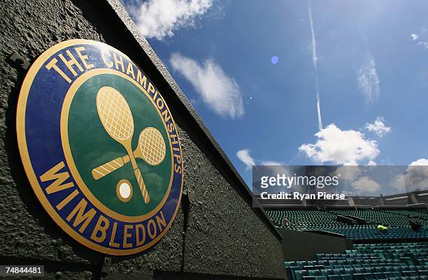 The Championships' logo is seen at Centre Court during previews for the Wimbledon Lawn Tennis Championships at the All England Lawn Tennis and...