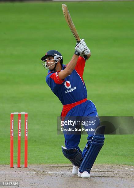 England Lions batsman Vikram Solanki hits out towards the boundary during the One Day match against the West Indies at New Road on June 21, 2007 in...