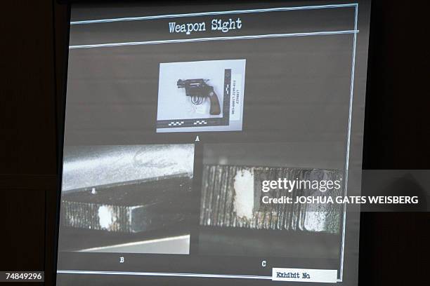 Los Angeles, UNITED STATES: A photograph showing trace evidence of Lana Clarkson's tooth on the weapon sight of the gun that killed her is displayed...