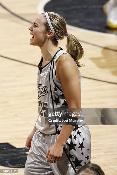 Becky Hammon of the San Antonio Silver Stars reacts to play during the WNBA game against the Chicago Sky on June 9, 2007 at the AT&T Center in San...