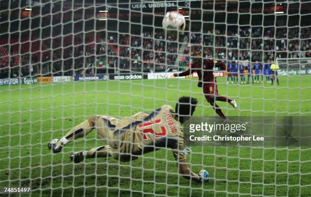 Manuel Fernandes of Portugal has his penalty saved by Emiliano Viviano of Italy during the UEFA U21 Championship Olympic play-off match between...