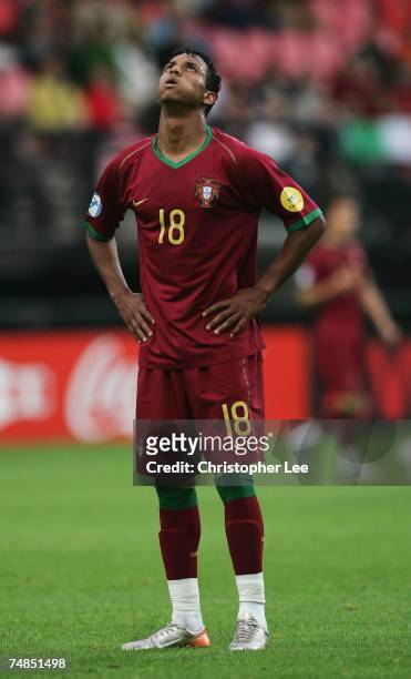 Nani of Portugal looks to the sky as he blows his checks out during the UEFA U21 Championship Olympic play-off match between Portugal U21 and Italy...
