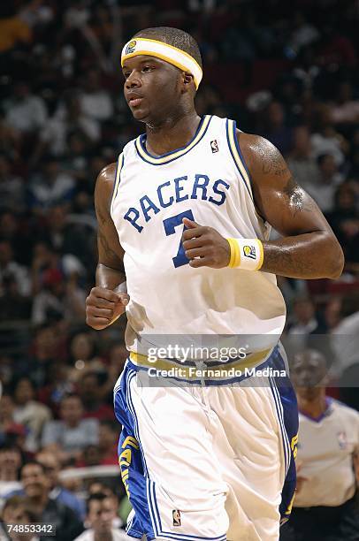 Jermaine O'Neal of the Indiana Pacers jogs upcourt during the game against the Orlando Magic at Amway Arena on March 30, 2007 in Orlando, Florida....