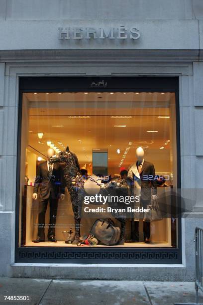 View of a widow display at the opening of the Hermes store on Wall street on June 21, 2007 in New York City.