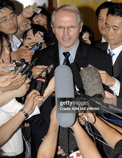 Nuclear envoy Christopher Hill speaks to the media after a meeting with South Korean Foreign Minister Song Min-Soon in Seoul, 22 June 2007. Hill said...