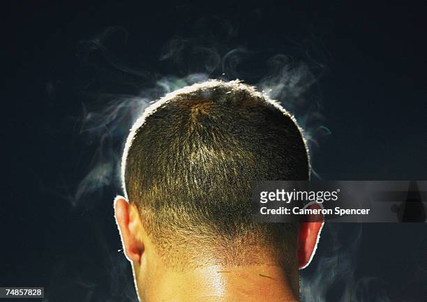 Steam rises off Hazem El Masri's of the Bulldogs head during the round 15 NRL match between the Manly Warringah Sea Eagles and the Bulldogs at...