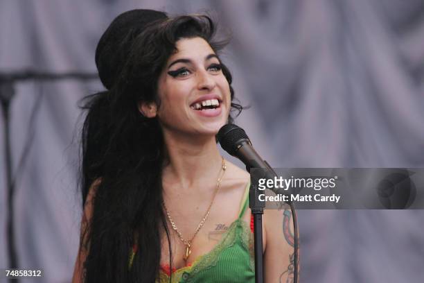 Amy Winehouse performs on the Pyramid Stage at Worthy Farm, Pilton near Glastonbury, on June 22 2007 in Somerset, England. The festival, that was...