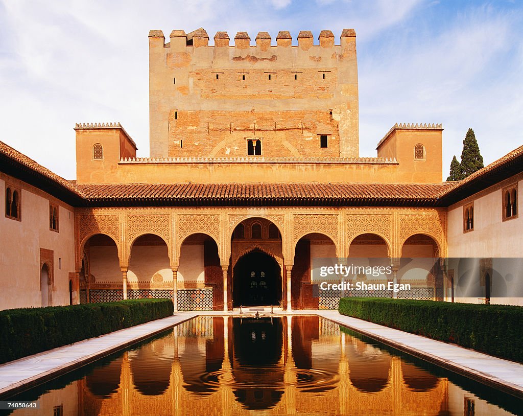 Spain, Analucia, Granada, Alhambra Palace, Court of Myrtles reflected in pool