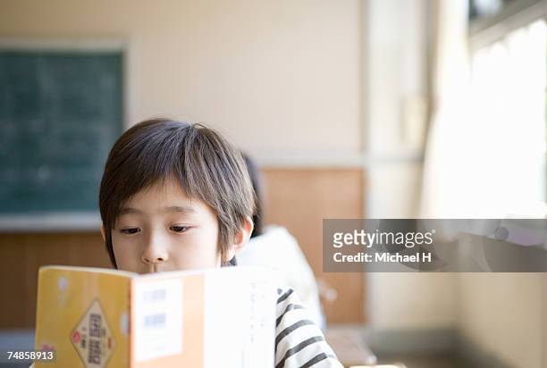 boy (6-7) reading textbook in school classroom - japanese elementary school bildbanksfoton och bilder