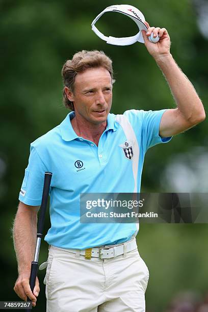 Bernhard Langer of Germany celebrates his putt on the nineth hole during the second round of The BMW International Open Golf at The Munich North...