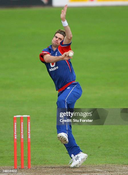 England Lions bowler James Anderson bowls during the One Day match against the West Indies at New Road on June 21, 2007 in Worcester, England.