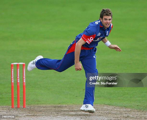 England Lions bowler James Anderson bowls during the One Day match against the West Indies at New Road on June 21, 2007 in Worcester, England.