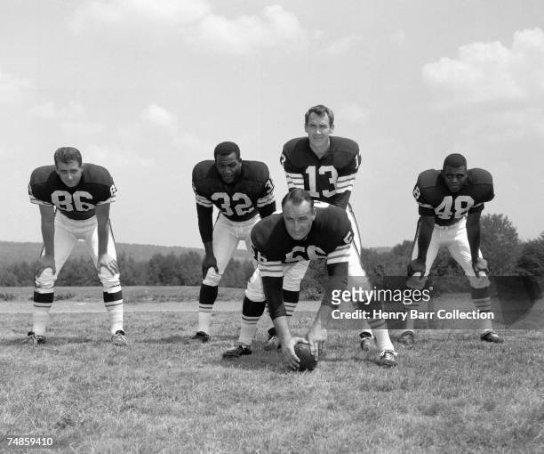 End Gary Collins, runningback Jim Brown, quarterback Frank Ryan, center John Morrow and runningback Ernie Green, of the Cleveland Browns, pose for a...