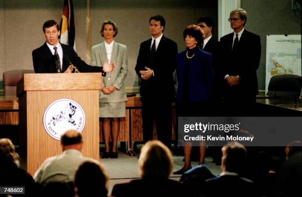 Mark Breckner, the new Jonbenet Ramsey murder case investigator holds a press-conference in Boulder, Colorado, 1997.