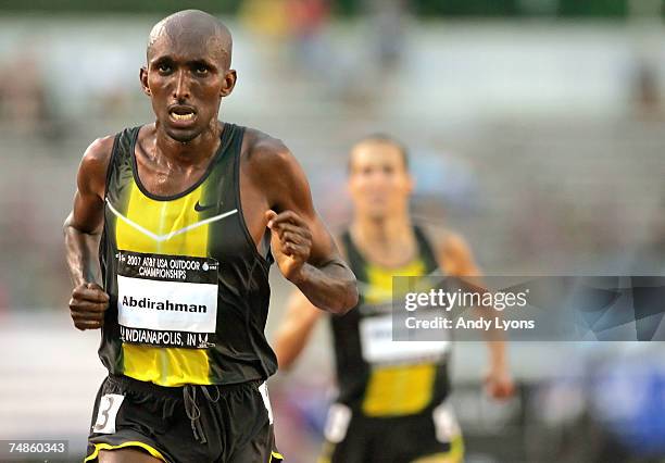 Abdi Abdirahman competes in the finals of the men's 10,000 meter run during the first day of the AT&T USA Outdoor Track and Field Championships at IU...