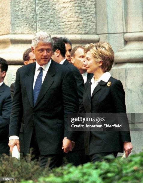 President Bill Clinton and First Lady Hillary Clinton leave St. Patrick's Cathedral May 8, 2000 in New York City after the funeral of Cardinal John...