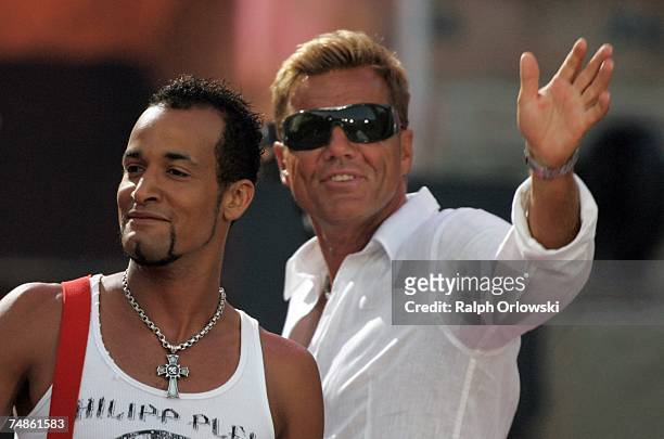 Musicians Mark Medlock and Dieter Bohlen perform during the rehearsal for the following day's live-broadcast of 'Wetten, dass..?' on June 22, 2007 in...