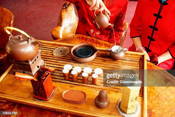 mid section view of a woman pouring tea into a tea kettle, tongli, jiangsu province, china - suzhou stock pictures, royalty-free photos & images