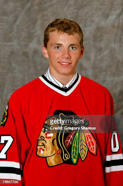 First overall pick Patrick Kane of the Chicago Blackhawks poses for a portrait during the first round of the 2007 NHL Entry Draft at Nationwide Arena...