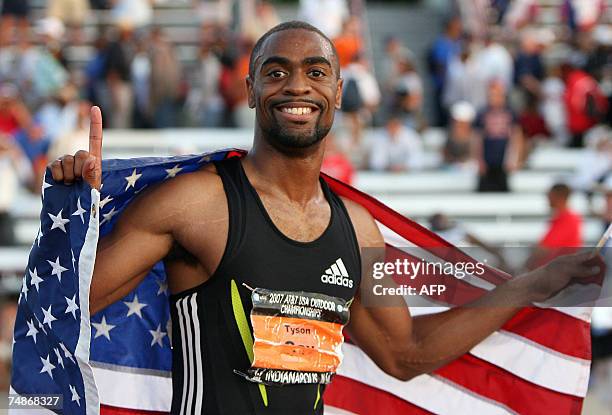 Indianapolis, UNITED STATES: Tyson Gay celebrates winning the Men's 100 Meter Dash of the 2007 AT&T US Outdoor Track and Field Championships 22 June...