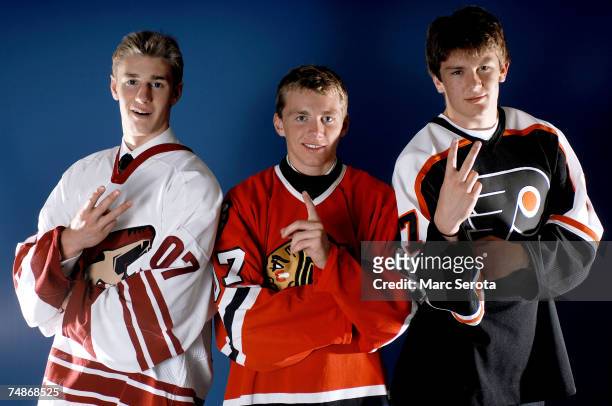 Third overall pick Kyle Turris of the Phoenix Coyotes, first overall pick Patrick Kane of the Chicago Blackhawks and second overall pick James...