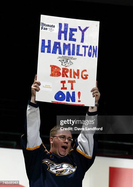 Nashville Predators fan hold up a sign during the first round of the 2007 NHL Entry Draft at Nationwide Arena on June 22, 2007 in Columbus, Ohio.