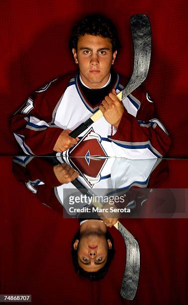 14th overall pick Kevin Shattenkirk of the Colorado Avalanche poses for a portrait during the first round of the 2007 NHL Entry Draft at Nationwide...