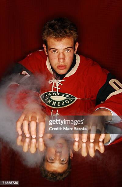 16th overall pick Colton Gillies of the Minnesota Wild poses for a portrait during the first round of the 2007 NHL Entry Draft at Nationwide Arena on...