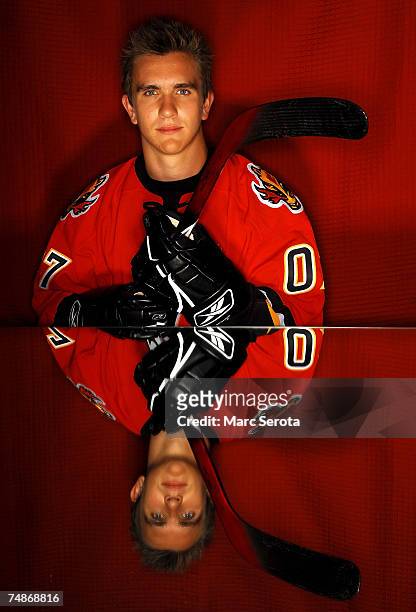 24th overall pick Mikael Backlund of the Calgary Flames poses for a portrait during the first round of the 2007 NHL Entry Draft at Nationwide Arena...
