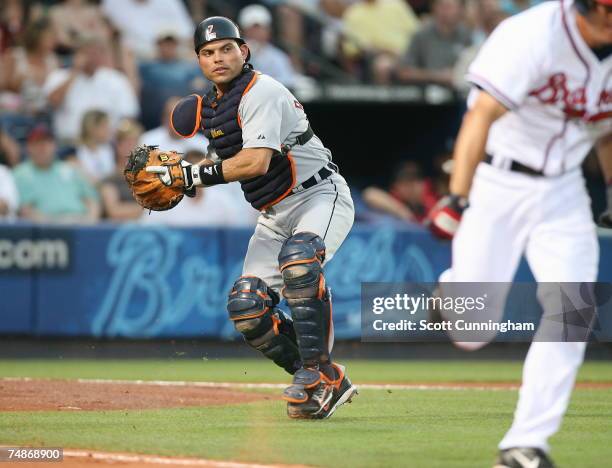 Catcher Ivan Rodriguez of the Detroit Tigers throws out a runner against the Atlanta Braves at Turner Field on June 22, 2007 in Atlanta, Georgia. The...