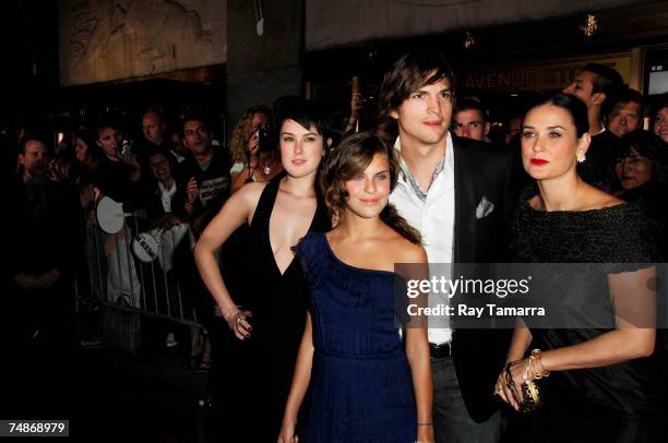 Rumer Willis, actor Demi Moore, Tallulah Willis, and actor Ashton Kutcher attend the ''Live Free Or Die Hard'' Premiere at Radio City Music Hall June...