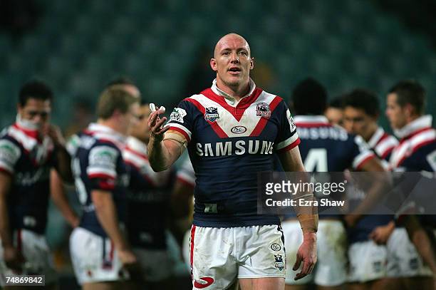 Craig Fitzgibbon of the Roosters questions the referee during the round 15 NRL match between the Sydney Roosters and the Parramatta Eels at Aussie...