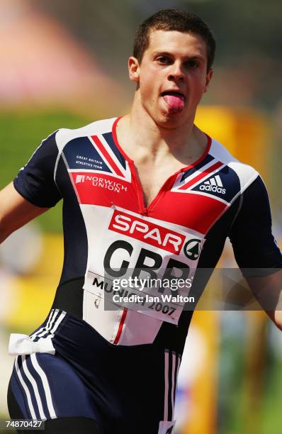 Craig Pickering of Great Britain celebrates as he crosses the line after winning the Men's 100m during the Spar European Cup event held at the...