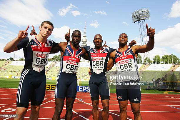 Craig Pickering, Tyrone Edgar, Marlon Devonish and Mark Lewis-Francis of Great Britain celebrate victory in the Men's 4 x 100m Relay during the Spar...