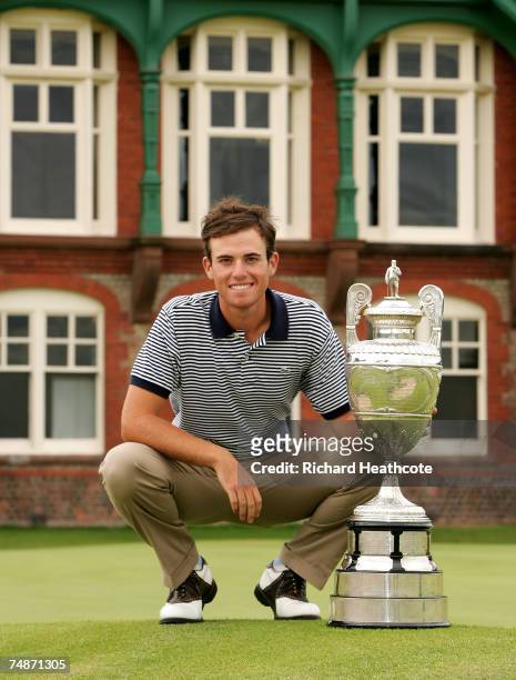 Drew Weaver of the USA poses with the trophy after winning 2&1 during the final of The Amateur Championship 2007 at Royal Lytham & St Annes on June...