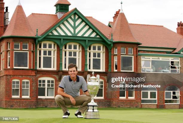 Drew Weaver of the USA poses with the trophy after winning 2&1 during the final of The Amateur Championship 2007 at Royal Lytham & St Annes on June...