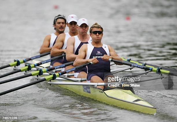 Simon Fieldhouse, Sam Townsend, Alexander Gregory and Ian Lawson of Great Britain during the Mens Quadruple Sculls Semifinal A/B 2 during day 2 of...